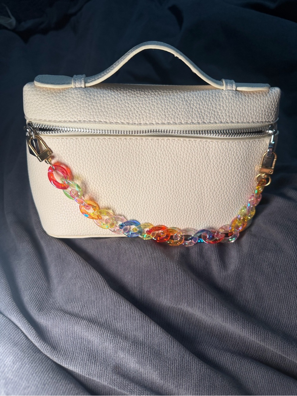 White Top-Handle Women's Bag with Rainbow Chain Strap